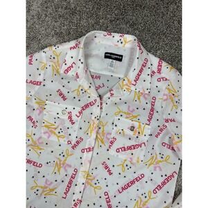 Karl Lagerfeld Paris Shirt Womens Medium White Multicolor Logo Print Long Sleeve